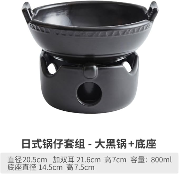 Thcbme 创意陶瓷干锅锅家用套装炉单人小火锅酒店餐厅 Ceramic Dish Set 砂锅/Handpainted Plates and Bowls Set Ceramic Dinnerware Sets/煲仔套组-黑色大号双耳锅 底座