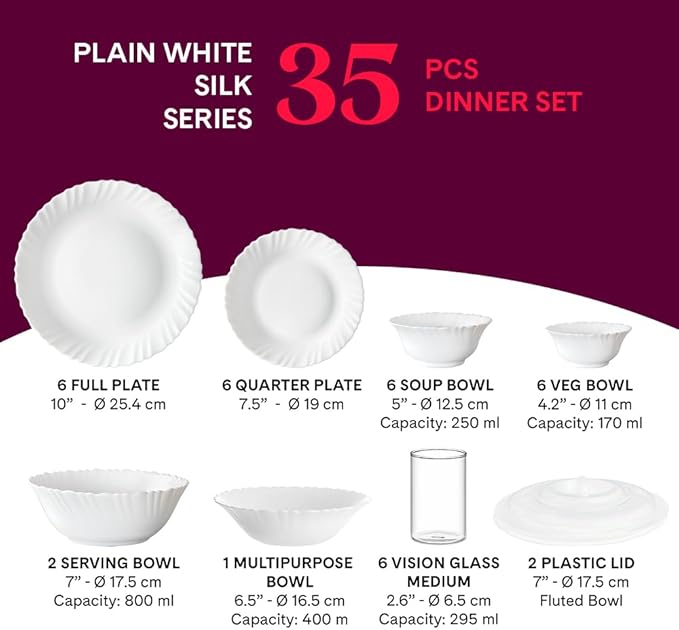 Larah By Borosil Brand Logo Silk Series Opalware Dinner Set with Glasses 35 Pcs for Family of 6 Microwave &amp Dishwasher Safe Bone-Ash Free Crockery Set for Dining &amp Gifting Plates &amp Bo
