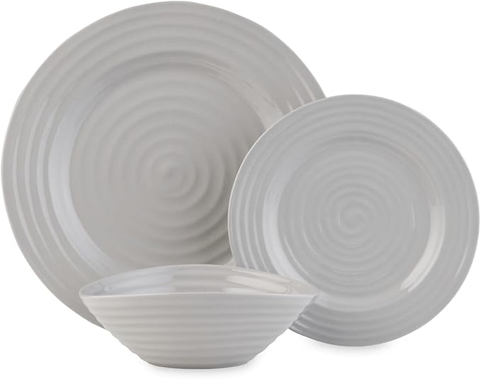 Portmeirion Sophie Conran Grey 12-Piece Dinnerware Set Porcelain Plates &amp Bowls for Everyday Dining &amp Entertaining - Service for 4 with 11 Dinner Plates 8 Salad Plate 7.5 Bowls