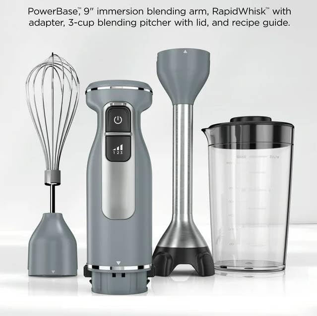 Immersion Hand Blender with Whisk Attachment 650 Watt Electric Stick Blender 3 Speed Handheld Blender with Blending Cup Dishwasher Safe Parts Gray