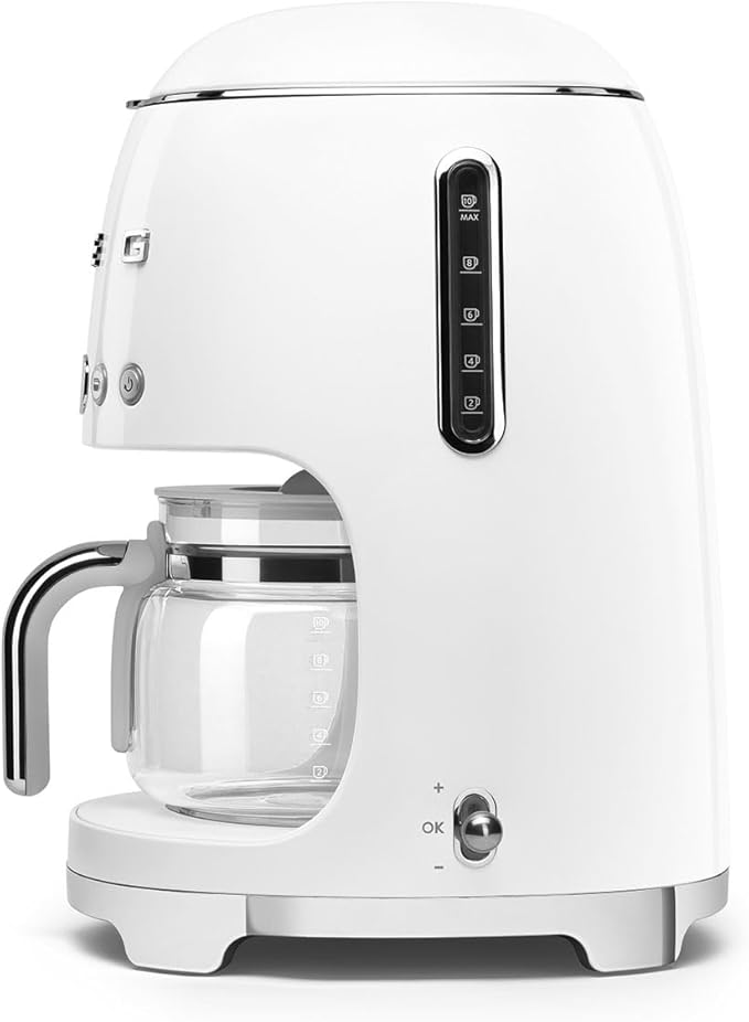 Smeg DCF02WHUK Drip Coffee Machine Auto-Start Mode Reuseable Filter Digital Display Anti-Drip System Aroma Intensity Option 1.4 Litre Tank White