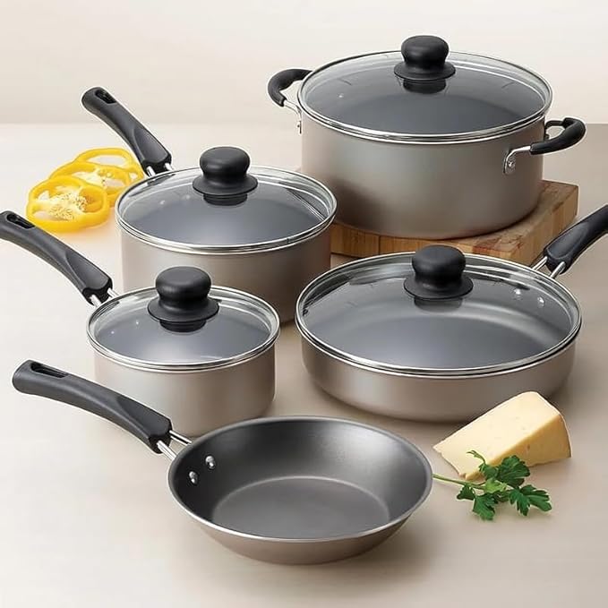 9-Piece Non-Stick Cookware Set Champagne - Complete Pots and Pans Kit for Home Kitchen Easy Clean &amp Heat Evenly
