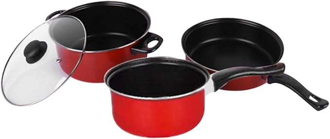 3pcs Non-stick Cooking Set Frying Pan Soup Pot Milk Pan for Cooking and Daily Use Versatile Kitchen Utensils Red for Induction and Gas Stoves