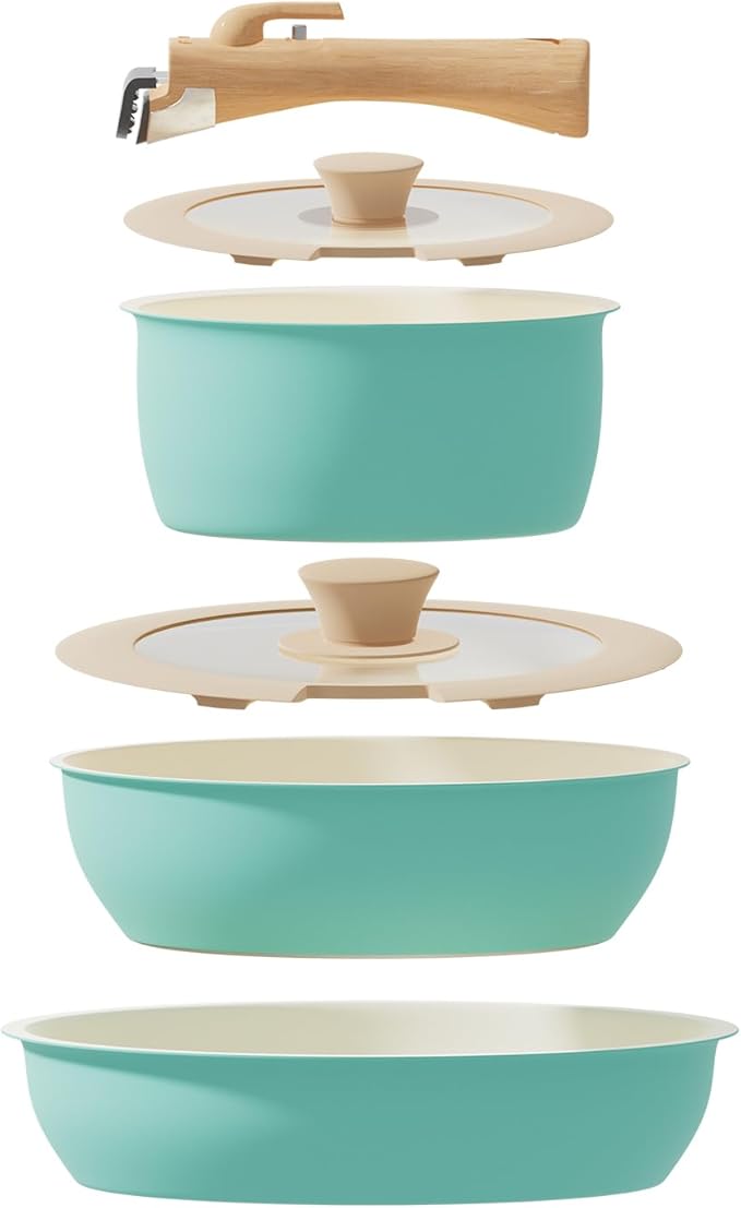 ShanSon 6 Pieces Kitchen Non-Stick Cookware Sets with Removable Handle Stackable Pots and Pans Set Nonstick for Induction Gas RVs Camping Space SavingGreen