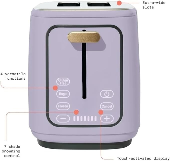 2 Slice Toaster Touch-Activated Display Extra Wide Slots Bagel Function Stainless Steel Kitchen