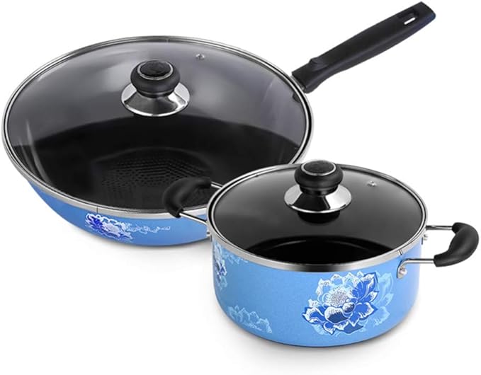 Cookware SetInduction Frying Pan and Saucepan Set with Lids Stay Cool HandlesPan Set 2 PieceCan be Used for Gas and Induction Cooker woks lid