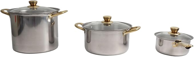 Stainless Steel Pots and Pans Set with Golden Handles Multifunctional Cookware Quick Cooking Experience Heat Retention Lids Complete 5 Piece Set Stylish and