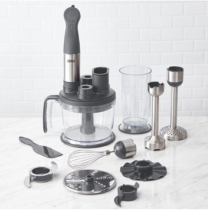 Dash Chef Series Deluxe Immersion Hand Blender 5 Speed Stick Blender with Stainless Steel Blades Dough Hooks Food Processor Grate Mash Slice Whisk Attachments and Recipe Guide – Cool Grey