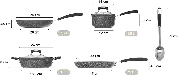 New Petra Dark 7-Pcs Cookware set Nonstick Induction ready Aluminum cookware set with glass lids Frying Pans &amp Casseroles PFOA free with kitchen turner