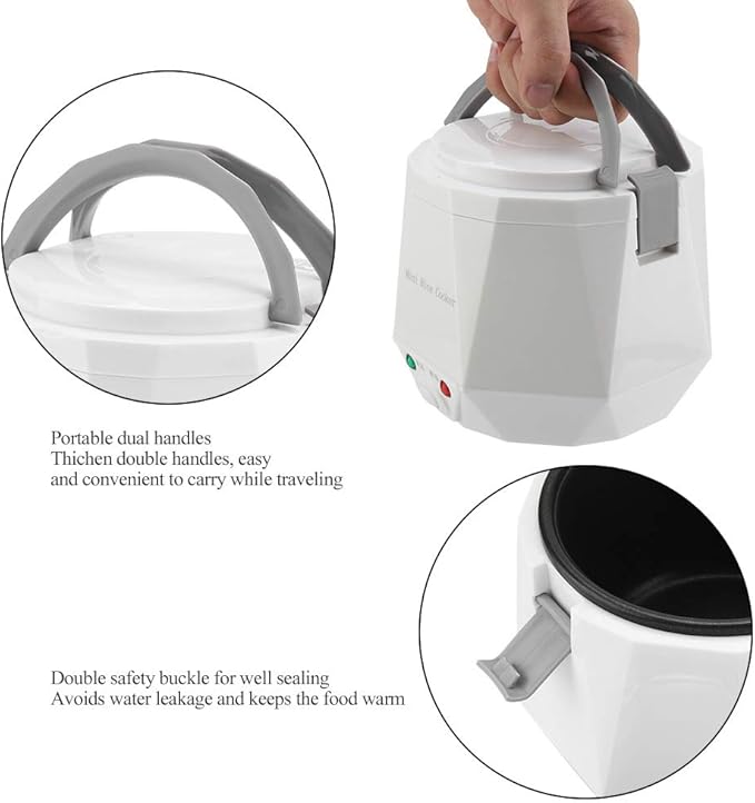 Travel Rice Cooker Portable 12V 100W 1 3L Mini Multifunctional Electric Non Stick Pot for Outdoor Car Cooking with Keep Warm Function and Easy Carry Design (White)