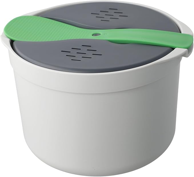 Microwave Rice Cooker Steamer Pot with Strainer 18x18x13cm PP Portable Pasta and Vegetable Steamer for Quick Meals Dishwasher Safe Green