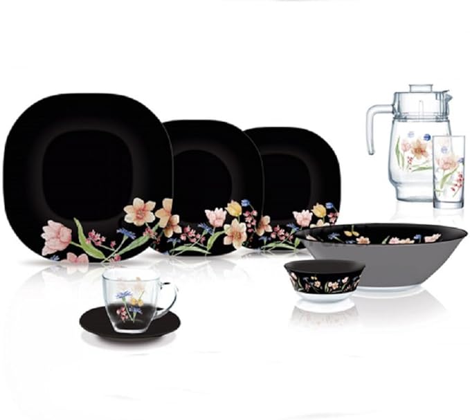 Carina Minuet Black Glass Dinnerware Set of 44 for 6 pers. Dessert Plate Dinner Plate Deep Plate Salad Bowls Decanter with Glass Mug and Saucer