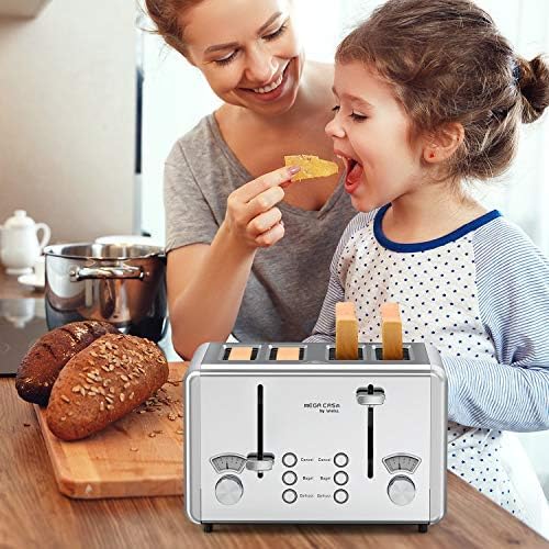 whall WHALL Toaster 4 Slice Stainless SteelToaster-6 Bread Shade SettingsBagel/Defrost/Cancel Function with Dual Control PanelsExtra Wide SlotsRemovable Crumb Tray1500WSilver(KST023GU)
