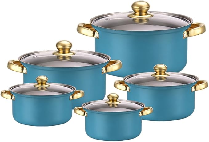 Nonstick Kitchen Cookware Sets Stainless Steel Cookware Pot Stainless Steel Cooking Pot Set with Glass Lids for Gas Electric Halogen Ceramic Induction Hobs Medium Type 1 USAEUBU0410
