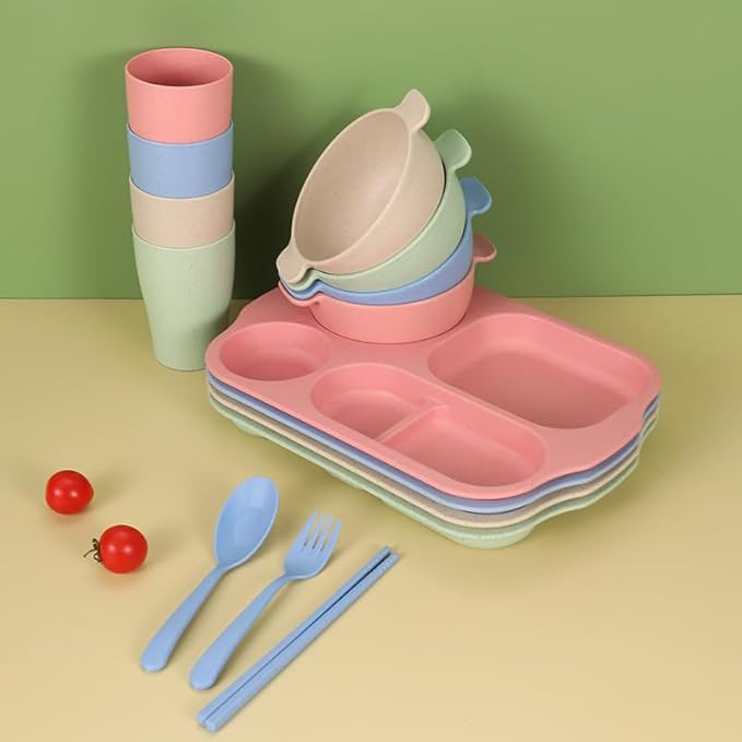 24Pcs Wheat Straw Dinnerware Cutlery Sets Divided Plates Unbreakable Bowl Microwave Dishwasher Safe Tableware Cutlery -Green