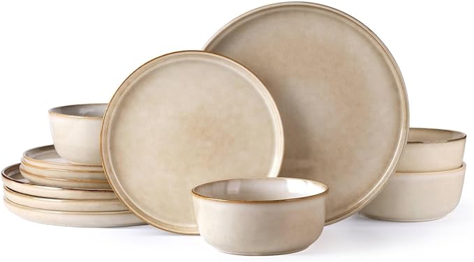 AmorArc Stoneware Dinnerware SetsRound Reactive Glaze Plates and Bowls SetHighly Scratch Resistant | Dishwasher &amp Microwave Safe Dishes SetService for 4 (12pc)