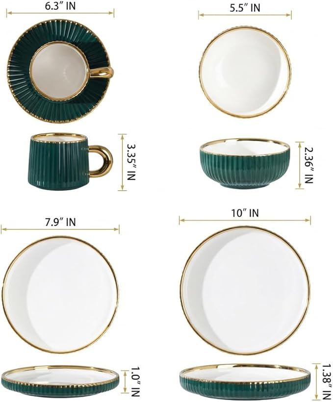 Luxury Black and White Porcelain Dinnerware Set 16 Piece Gold Rim Fluted Rim Design Service for 4 with Plates and Bowls Cups Saucers Dishwasher &amp Microwave Safe Modern (Green)