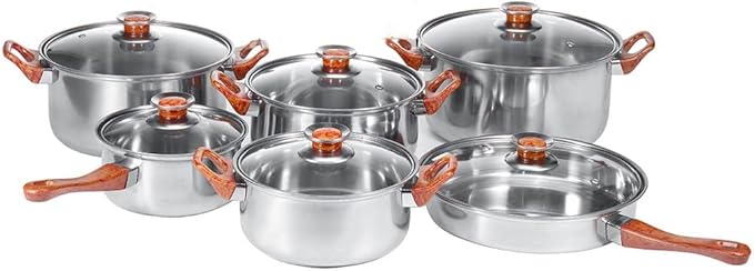 Stainless Steel Pots and Pans Set Kitchen Utensils Set with Soup Pot Pan Frying Pan with Lid 12 Pieces