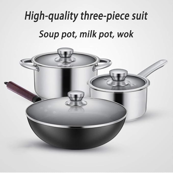 3Pc Pan Sets - Stainless Steel Frying Pan and Saucepan Set with Lids Stay Cool HandlesSuitable for A Variety of Stoves Including Induction Cookers Saucepan