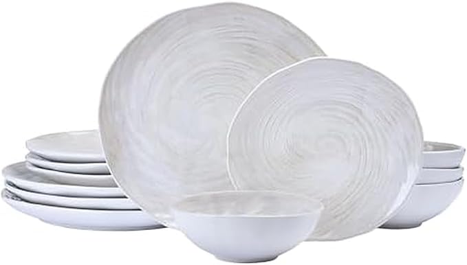 Mikasa Harley 12 Piece Stoneware Hand-Crafted Dinnerware Set Service for 4 Plate and Bowl Modern with Organic Freeform Shape White