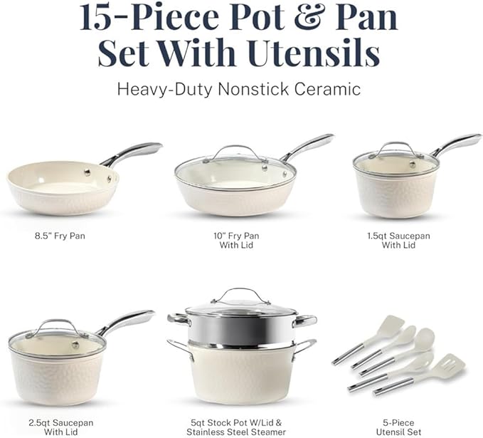 Hammered 15 Pc Ceramic Pots and Pans Set Non Stick Pots and Pan Set Dishwasher Safe Cream White Steel Cookware Sets Kitchen KitA15 Pc Cookware Set