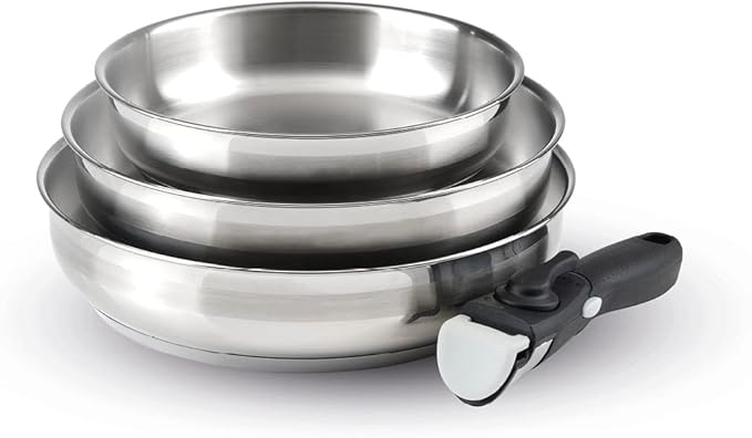 by Brandt 4-Piece Induction Cookware Set - Set of 3 Stainless Steel Frying Pans 20 24 and 26 cm with Removable Handle - Stainless Steel - Set for All Heat Sources - PFOA-Free - Silver