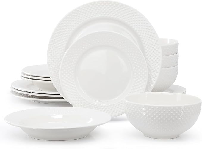 16 Piece Porcelain Dinnerware Set – White Hobnail Embossed Dish Set for 4 Microwave &amp Dishwasher Safe Plates and Bowls