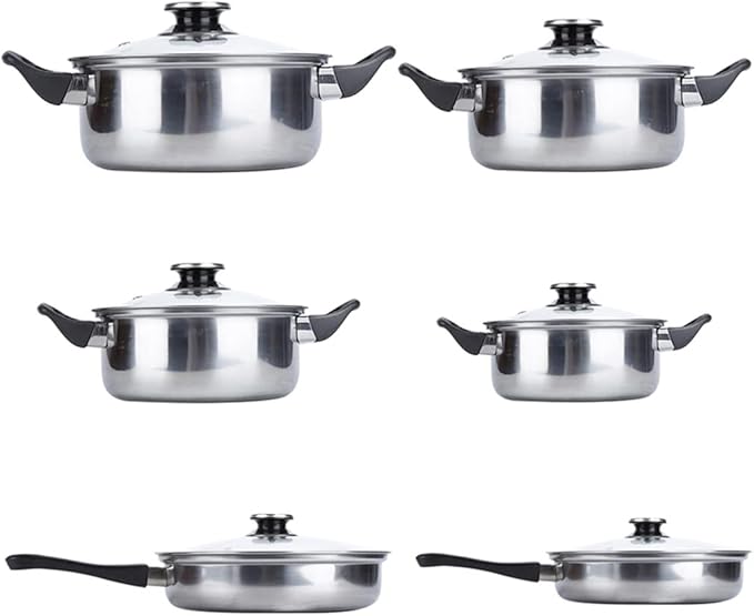 Cooking Pot Frying Pan6 Pots 12 Piece Stainless Steel Pots and Pans Casserole Pot Cookware Set with Glass Lid (A