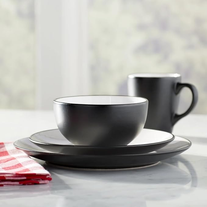 Stoneware 16-Piece Dinnerware Set Round 4 dinner plates10.5'' 4 salad plates7.5'' 4 bowls18oz and 4 mugs14oz Microwave Dishwasher and Oven Safe Two-Tone Matte Finish Black/White