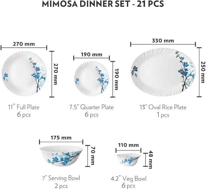 Larah By Borosil Mimosa Opalware Dinner Set 21-Pieces White