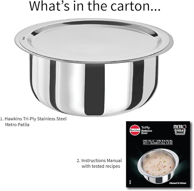 HAWKINS 3 Litre Metro Patila Triply Stainless Steel Tope with Stainless Steel Lid Induction Bhagona Tapeli Silver (SSP30S)