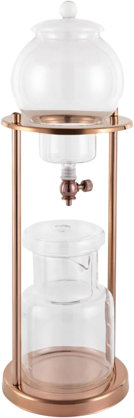 Iced Coffee Cold Brew Drip Tower Coffee Maker Wooden Ice Coffee Machine Stainless Steel and Borosilicate Glass Long Neck Sharing Pot with Measuring Spoon (Gold)