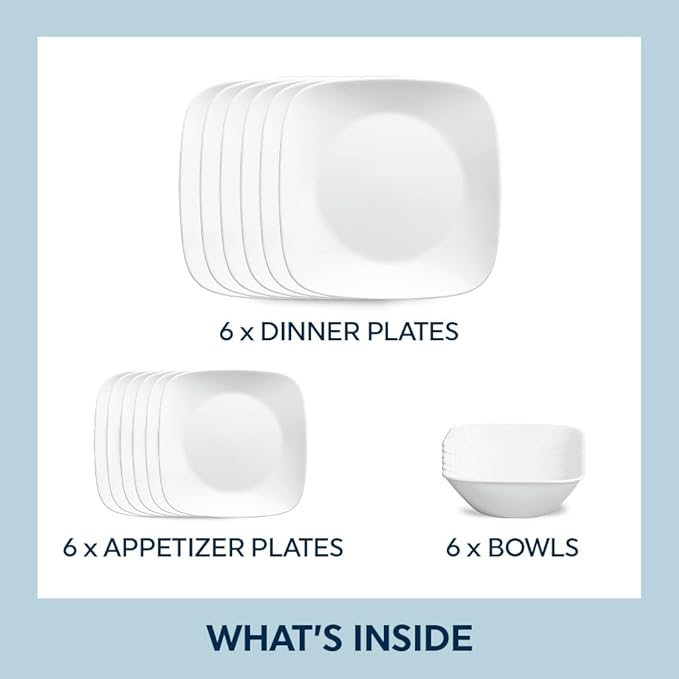 Corelle Vitrelle 18-Piece Service for 6 Square Dinnerware Set Triple Layer Glass and Chip Resistant Lightweight Square Plates and Bowls Set Pure White