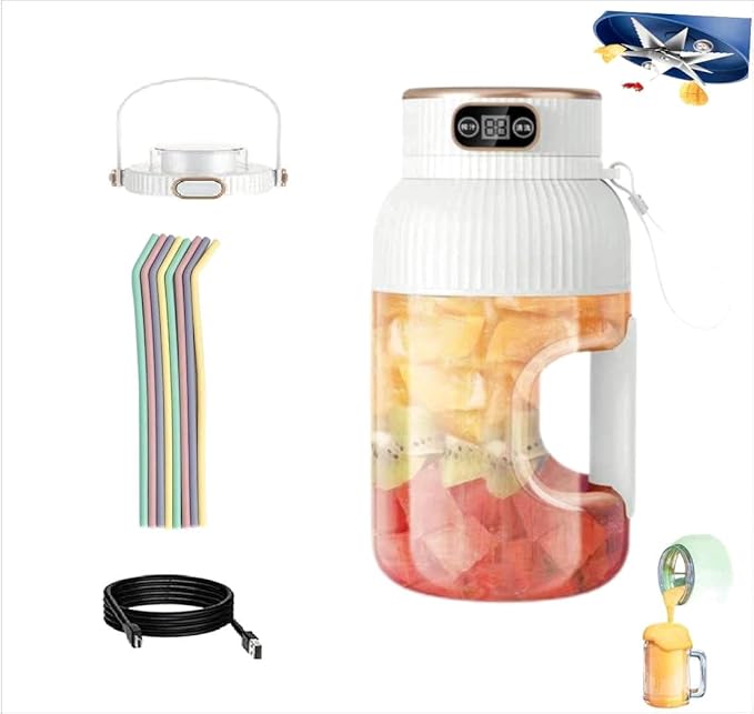 Multifunctional Portable Juicer Cup with Digital Display 2024 New Large Capacity Electric Juicing CupPortable Juicer BlenderPortable Smoothie Blender on the Go (White)