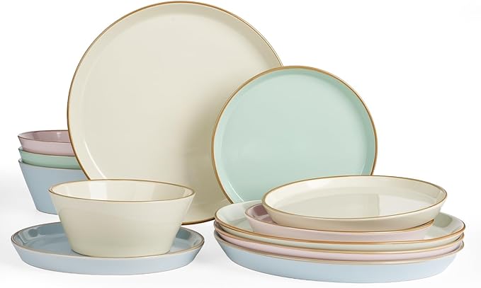 Famiware Saturn Dinnerware Sets Plates and Bowls Sets for 4 12 Pieces Stoneware Dish Set - Chip and Scratch Resistant Microwave and Dishwasher Safe Tableware Set Multi-color with Rim
