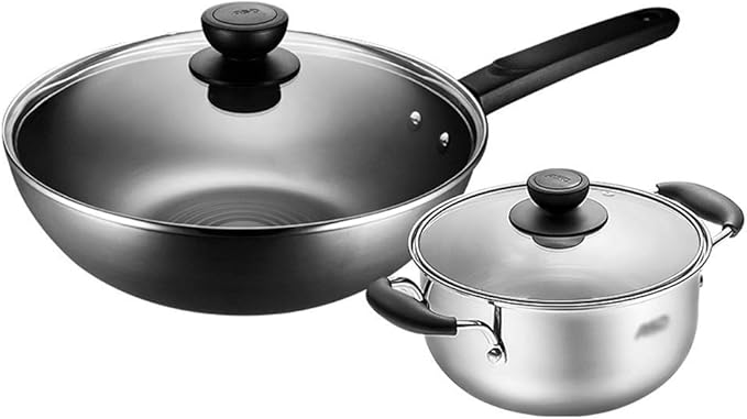 2Pcs Cookware Set Non-Stick Cookware Frying Pan Cooking Pot &amp Pan Saucepan with Glass Lid