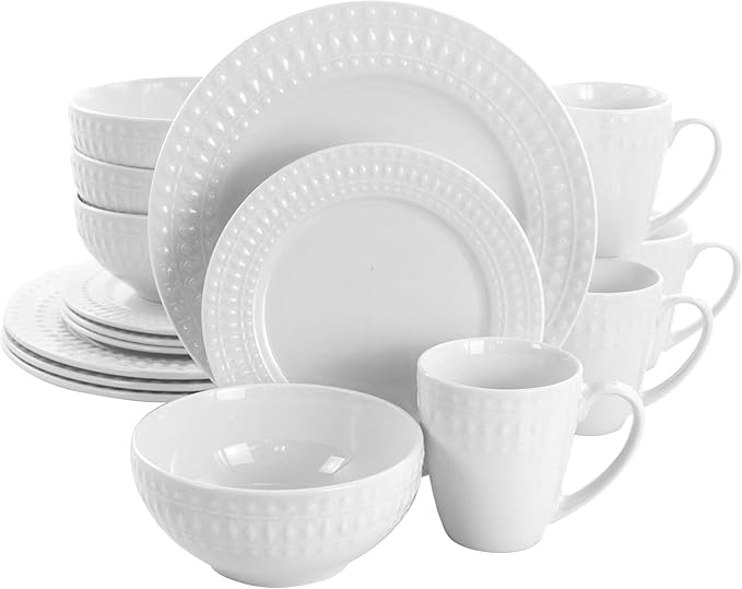 16-Piece Porcelain and Stoneware Dinnerware Set – White or Blue Round Plates and Bowls with Embossed Pattern Microwave &amp Dishwasher Safe Tableware for 4 (White)