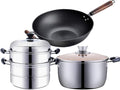 Cookware Set3-Piece Stainless Steel Pot &amp Pan Sets Induction Safe Saucepan Casserole with Glass LidSteamer (Set of 3) Suitable for Gas Induction Cooker Easy to Clean