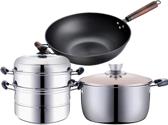 Cookware Set3-Piece Stainless Steel Pot &amp Pan Sets Induction Safe Saucepan Casserole with Glass LidSteamer (Set of 3) Suitable for Gas Induction Cooker Easy to Clean