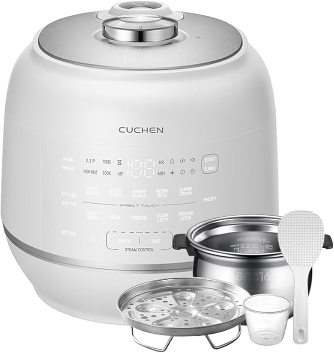 Cuchen IH Pressure Rice Cooker 6 Cup - 2.1 Bar Ultra High-Pressure Cooker for Multi-Grain &amp White Rice - 316Ti Stainless Steel Inner Pot Induction Heating Made in Korea White CRT-RPD0610IEWUS