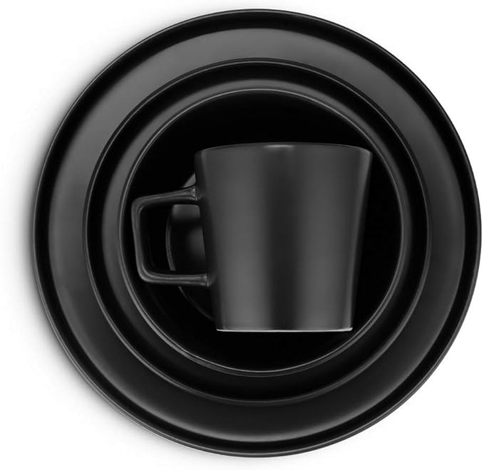 TRP 16 Piece Black Stoneware Dining Set - Includes Dinner Plates Salad Plates Bowls and Cups