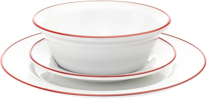 Bistro Red Rim Porcelain 16 Piece Dinnerware Set Service for 4 Solid Country Round 12 Dishwasher Safe