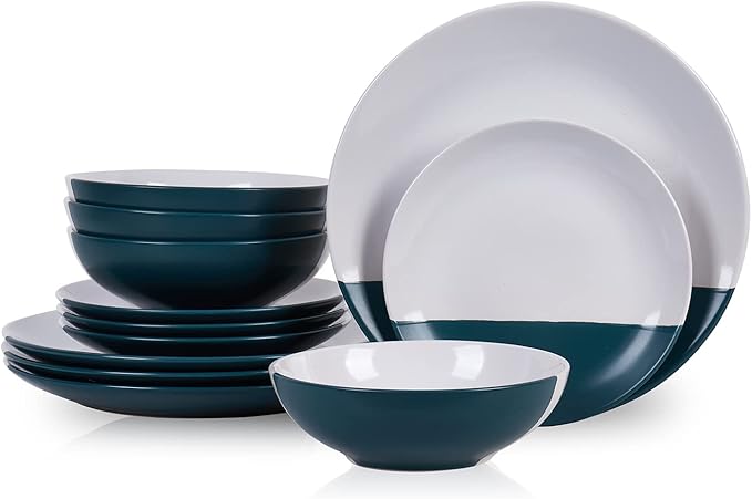 Stone + Lain Lizzy Stoneware 12-Piece Round Dinnerware Set Emerald Green