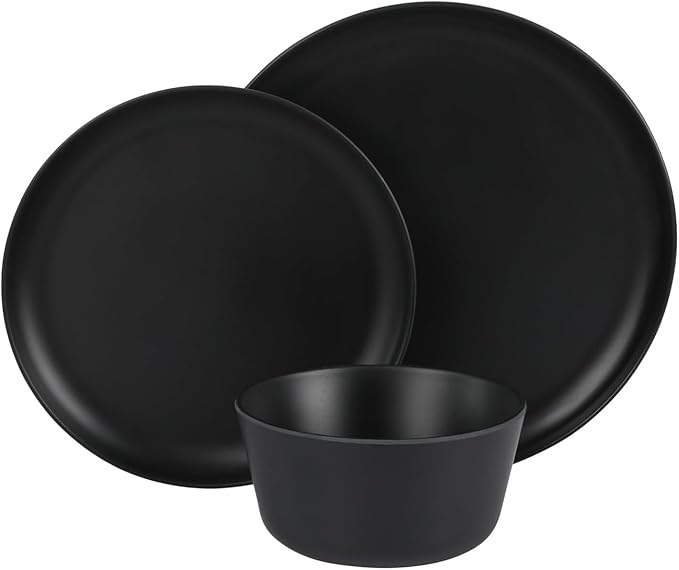 12 Piece Melamine Round Dinnerware Set Matte Green Durable Everyday Dish Set for Indoor &amp Outdoor Dining (Black)
