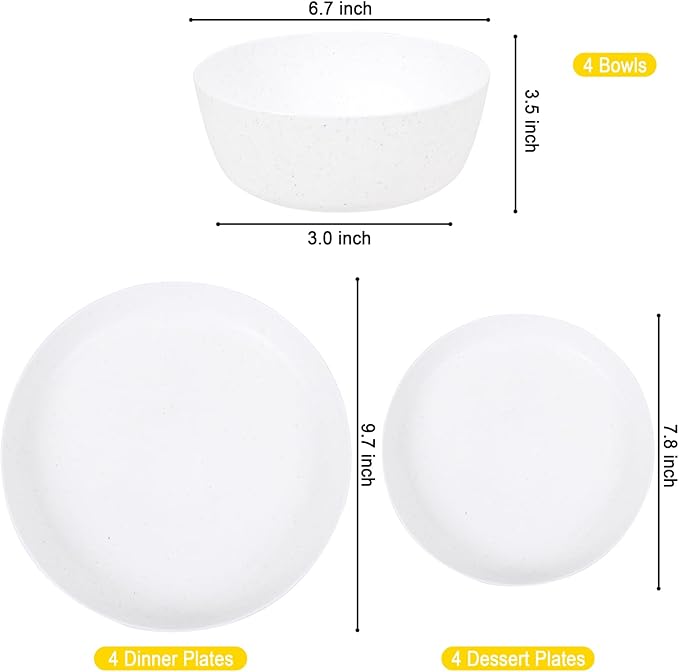 EI 12pcs White Wheat Straw PlatesWheat Straw Dinnerware SetPlates and Bowls SetsUnbreakable Plastic PlatePlastic Plates ReusableDinner Plates Set of 4Plastic Dishes Set
