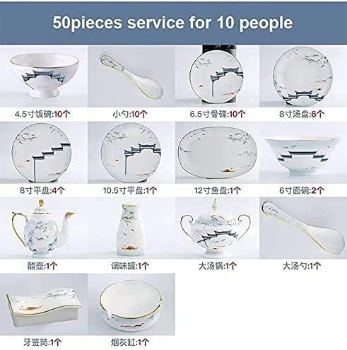 Dinnerware Set Dinner Party Tableware Service Set 11/28/50 PCS Chinese Style Dinnerware Set Bone China High-Value Tableware Bowl and Plate Set Home Gift Service (One Color 50pcs)