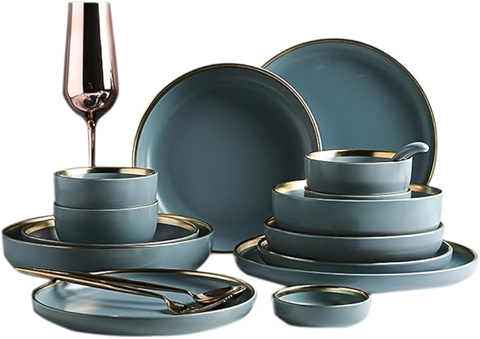 243241PCS Ceramic Dinnerware Set Nordic Dark Green Tableware Creative European Ceramic Tableware with Bowl Plate Service for 6810