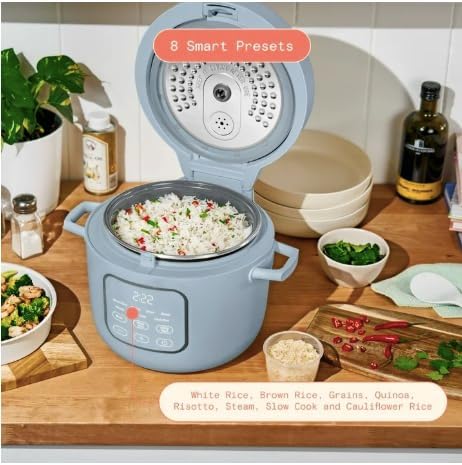 14-Cup Rice &amp Grain Cooker Touch-Activated Display 8 Presets Ceramic Nonstick Coating Steamer &amp Egg Tray Automatic Keep Warm Programmable 24 Hours (Blue)
