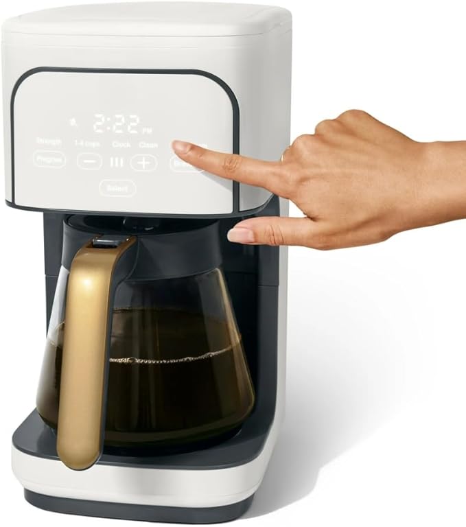 Programmable 12-Cup Coffee Maker with Touch Controls Auto Brew Timer Reusable Filter Large Glass Carafe Premium Countertop Coffee Machine (White)