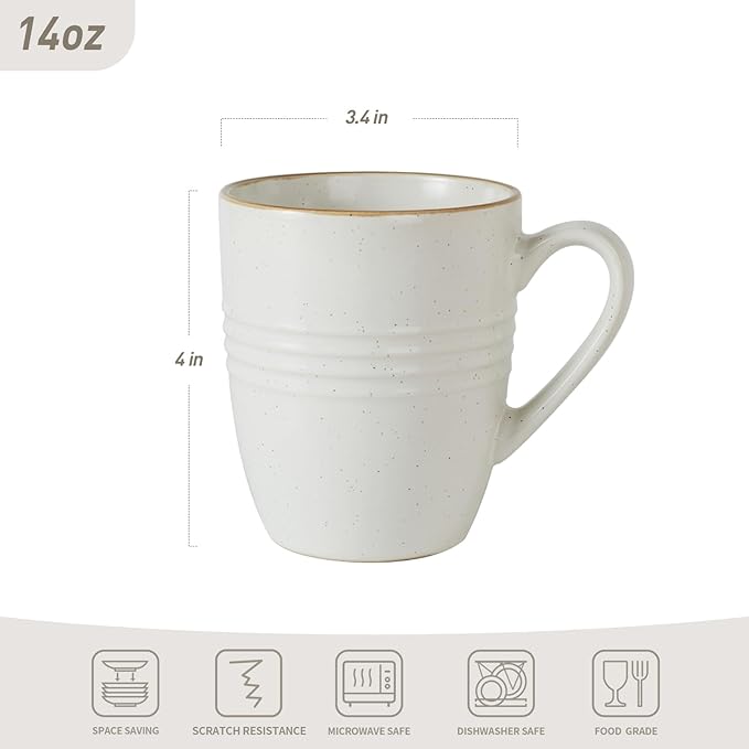 Famiware Jupiter 12-Piece Dinnerware Sets 4-Piece Pasta Bowls 4-Piece 14 oz Mug Set 20-Piece Stoneware Dinnerware Sets White